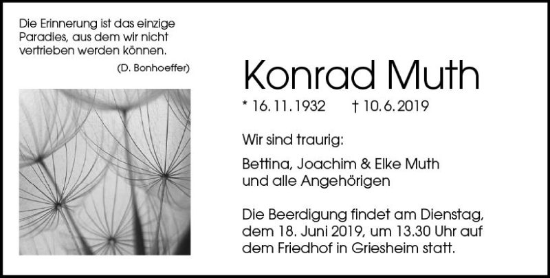  Traueranzeige für Konrad Muth vom 15.06.2019 aus vrm-trauer