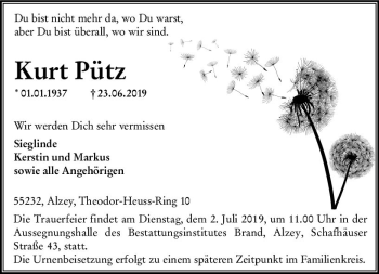 Traueranzeige von Kurt Pütz von vrm-trauer