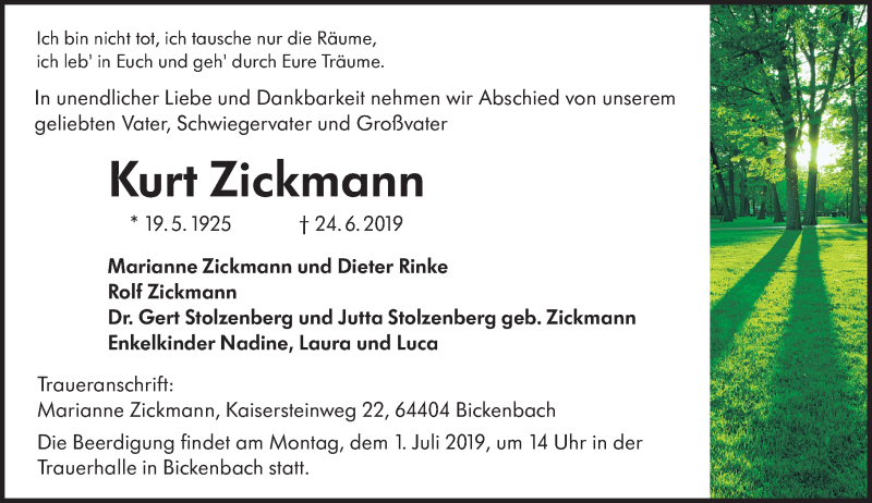  Traueranzeige für Kurt Zickmann vom 29.06.2019 aus vrm-trauer