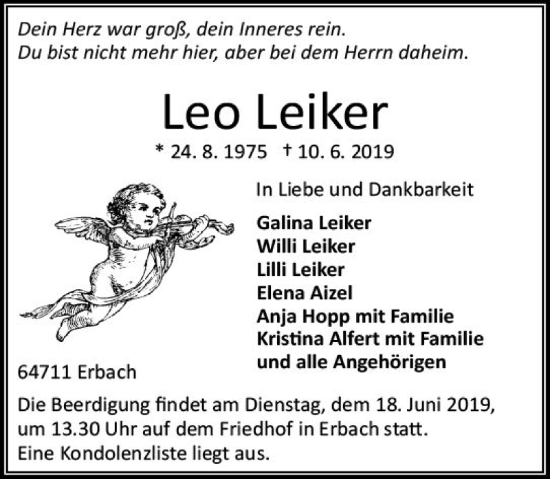  Traueranzeige für Leo Leiker vom 15.06.2019 aus vrm-trauer