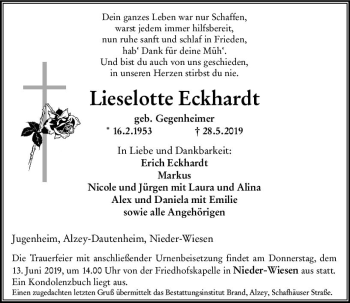 Traueranzeige von Lieselotte Eckhardt von vrm-trauer