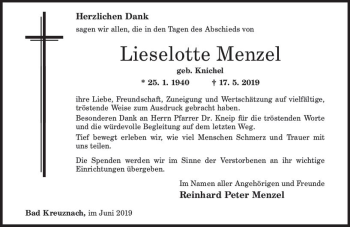 Traueranzeige von Lieselotte Menzel von vrm-trauer