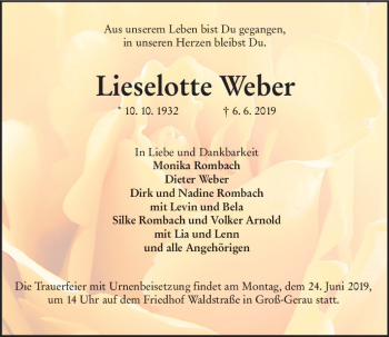 Traueranzeige von Lieselotte Weber von vrm-trauer
