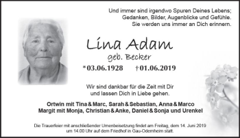 Traueranzeige von Lina Adam von vrm-trauer