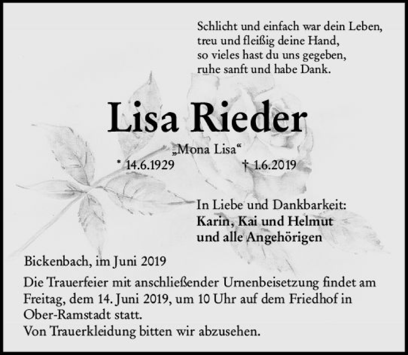  Traueranzeige für Lisa Rieder vom 08.06.2019 aus vrm-trauer