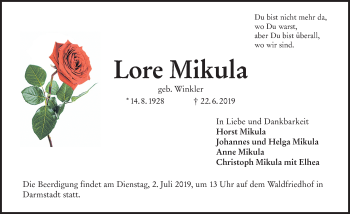 Traueranzeige von Lore Mikula von vrm-trauer