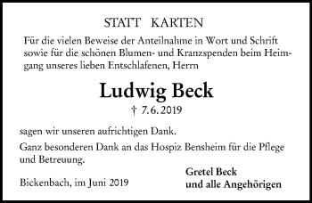 Traueranzeige von Ludwig Beck von vrm-trauer