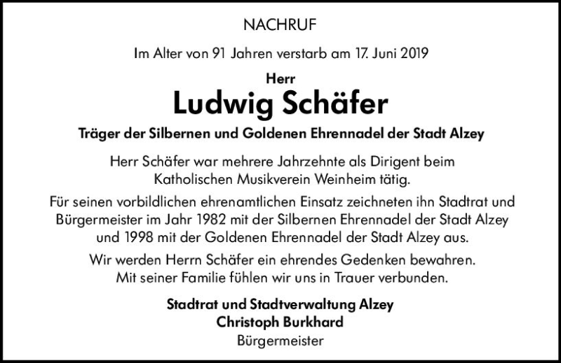  Traueranzeige für Ludwig Schäfer vom 26.06.2019 aus vrm-trauer