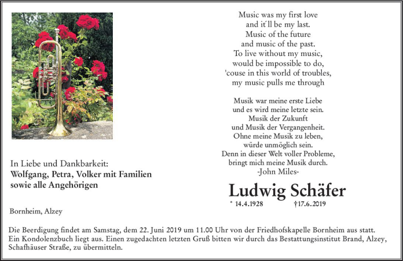  Traueranzeige für Ludwig Schäfer vom 19.06.2019 aus vrm-trauer