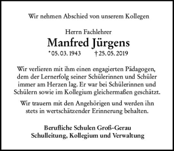 Traueranzeige von Manfred Jürgens von vrm-trauer