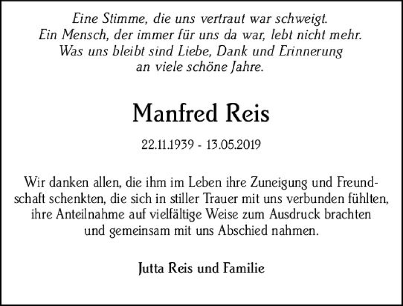  Traueranzeige für Manfred Reis vom 15.06.2019 aus vrm-trauer