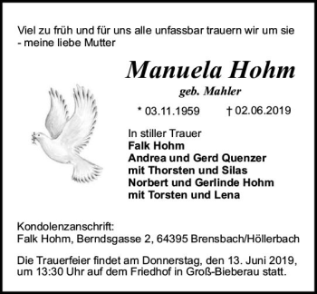 Traueranzeige von Manuela Hohm von vrm-trauer