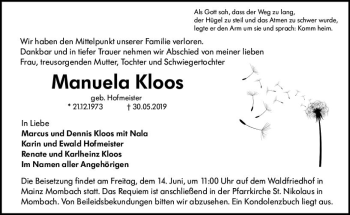 Traueranzeige von Manuela Kloos von vrm-trauer