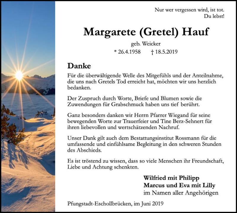  Traueranzeige für Margarete Hauf vom 15.06.2019 aus vrm-trauer