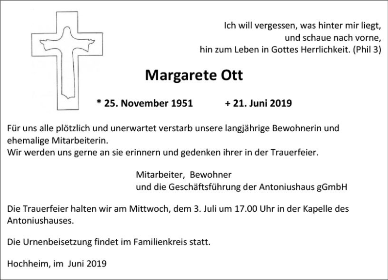 Traueranzeige für Margarete Ott vom 28.06.2019 aus vrm-trauer