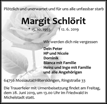 Traueranzeige von Margit Schlörit von vrm-trauer