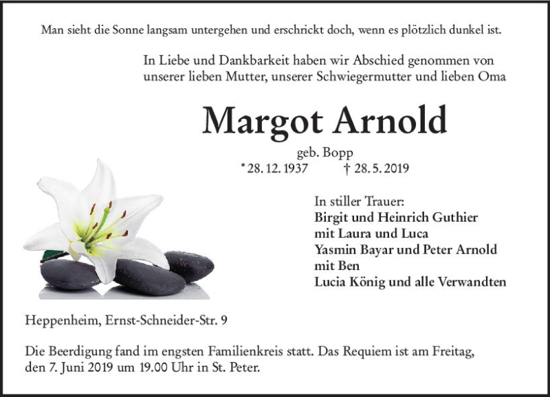  Traueranzeige für Margot Arnold vom 04.06.2019 aus vrm-trauer