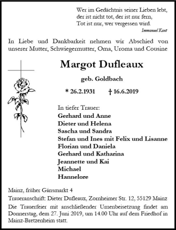 Traueranzeige von Margot Dufleaux von vrm-trauer