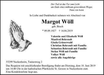 Traueranzeige von Margot Wöll von vrm-trauer
