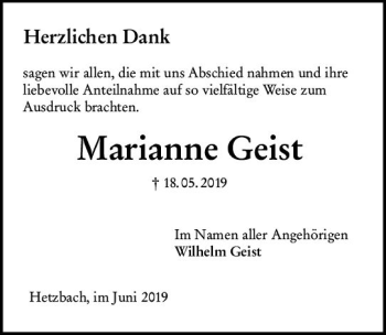 Traueranzeige von Marianne Geist von vrm-trauer