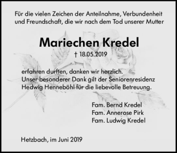 Traueranzeige von Mariechen Kredel von vrm-trauer