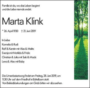 Traueranzeige von Marta Klink von vrm-trauer