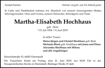 Traueranzeige von Martha-Elisabeth Hochhaus von vrm-trauer
