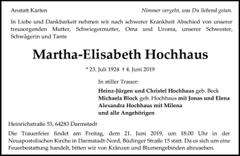 Traueranzeige von Martha-Elisabeth Hochhaus von vrm-trauer