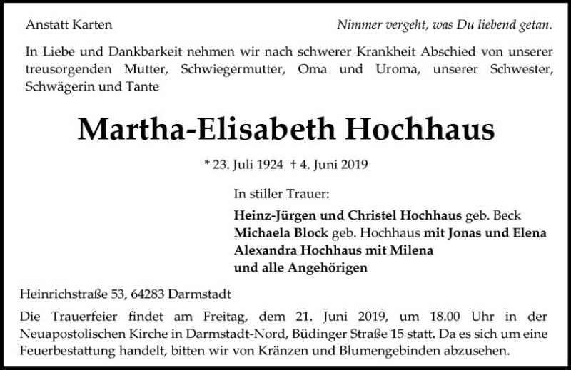  Traueranzeige für Martha-Elisabeth Hochhaus vom 15.06.2019 aus vrm-trauer