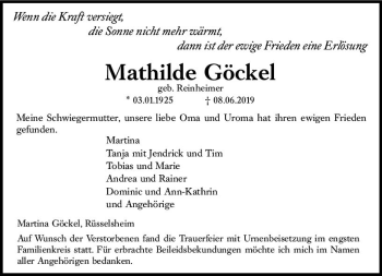 Traueranzeige von Mathilde Göckel von vrm-trauer