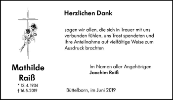 Traueranzeige von Mathilde Raiß von vrm-trauer
