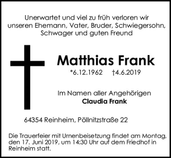 Traueranzeige von Matthias Frank von vrm-trauer