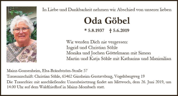 Traueranzeige von Oda Göbel von vrm-trauer