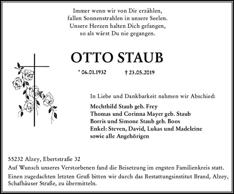  Traueranzeige für Otto Staub vom 15.06.2019 aus vrm-trauer