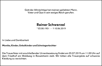 Traueranzeige von Rainer Schwerzel von vrm-trauer