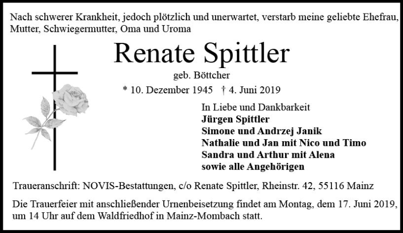  Traueranzeige für Renate Spittler vom 08.06.2019 aus vrm-trauer
