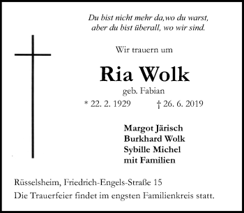 Traueranzeige von Ria Wolk von vrm-trauer