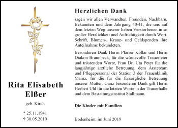 Traueranzeige von Rita Elisabeth Elßer von vrm-trauer