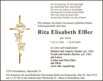 Traueranzeige von Rita Elisabeth Elßer von vrm-trauer