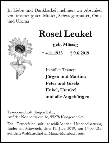 Traueranzeige von Rosel Leukel von vrm-trauer
