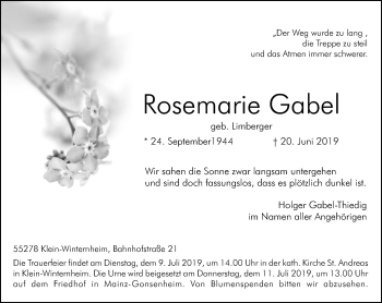Traueranzeige von Rosemarie Gabel von vrm-trauer
