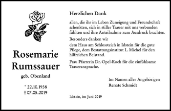 Traueranzeige von Rosemarie Rumssauer von vrm-trauer
