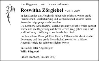 Traueranzeige von Roswitha Zörgiebel von vrm-trauer