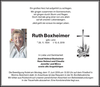 Traueranzeige von Ruth Boxheimer von vrm-trauer