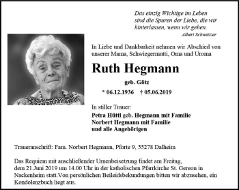 Traueranzeige von Ruth Hegmann von vrm-trauer