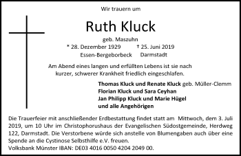 Traueranzeige von Ruth Kluck von vrm-trauer