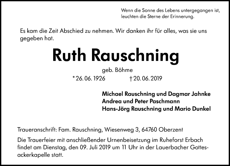  Traueranzeige für Ruth Rauschning vom 29.06.2019 aus vrm-trauer