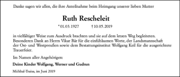 Traueranzeige von Ruth Rescheleit von vrm-trauer