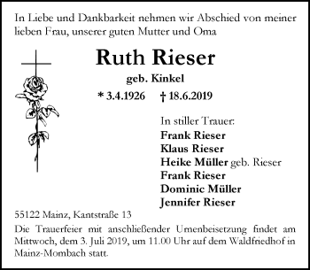 Traueranzeige von Ruth Rieser von vrm-trauer
