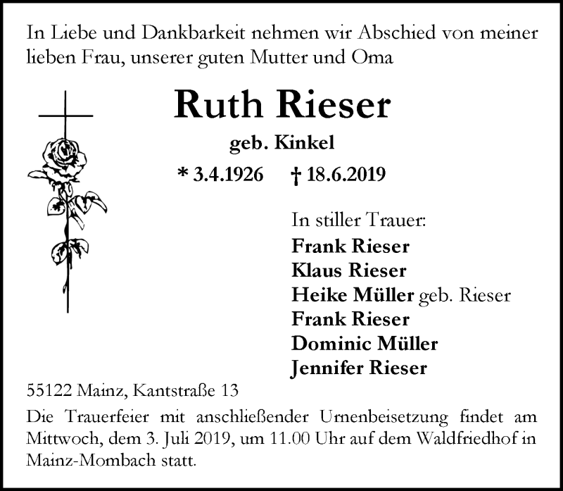  Traueranzeige für Ruth Rieser vom 29.06.2019 aus vrm-trauer
